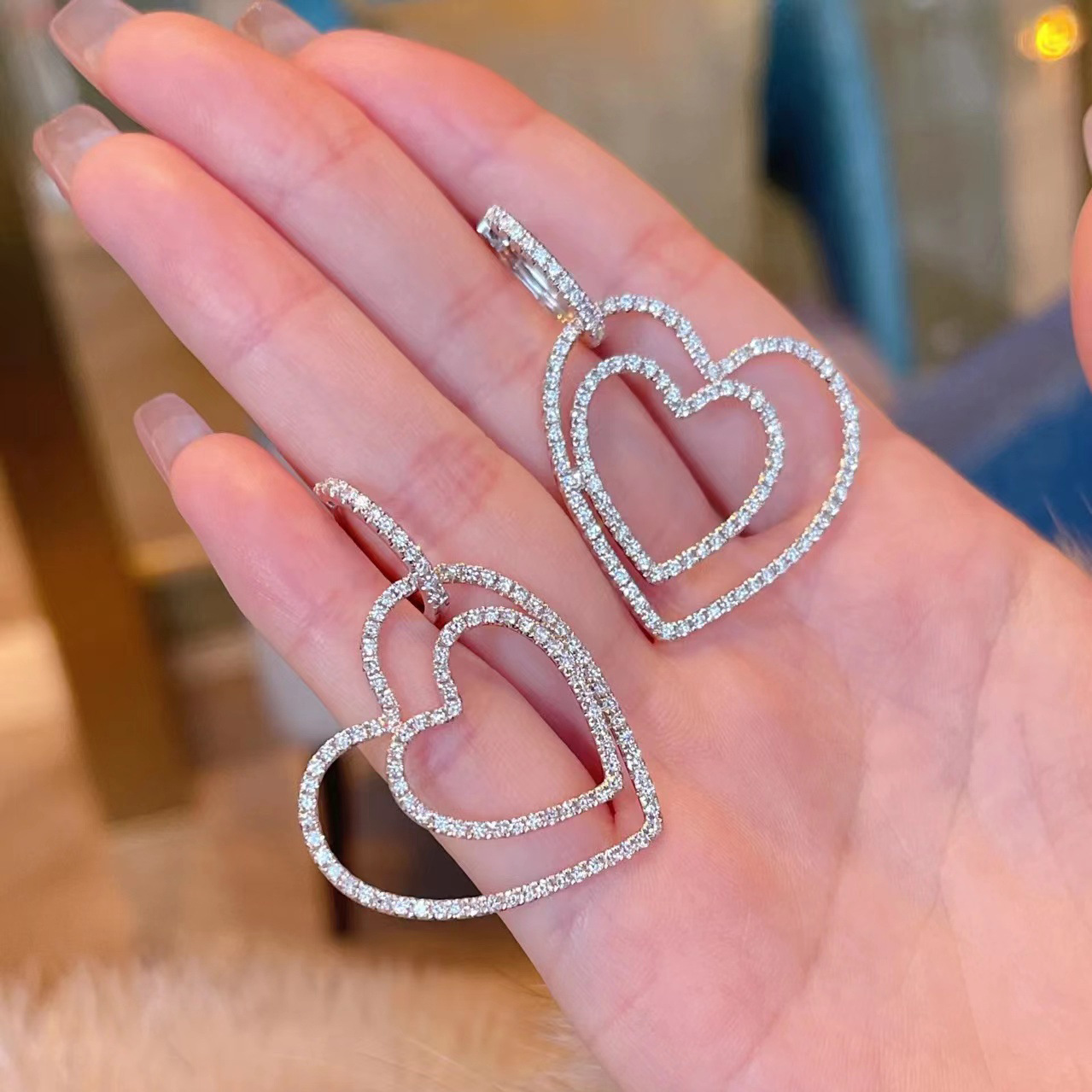 choucong Brand Dangle Earring Sweet Cute Simple Fashion Jewelry 925 Sterling Silver Pave 5A Cubic Zircon CZ Diamond Double Heart Women Drop Earrings G