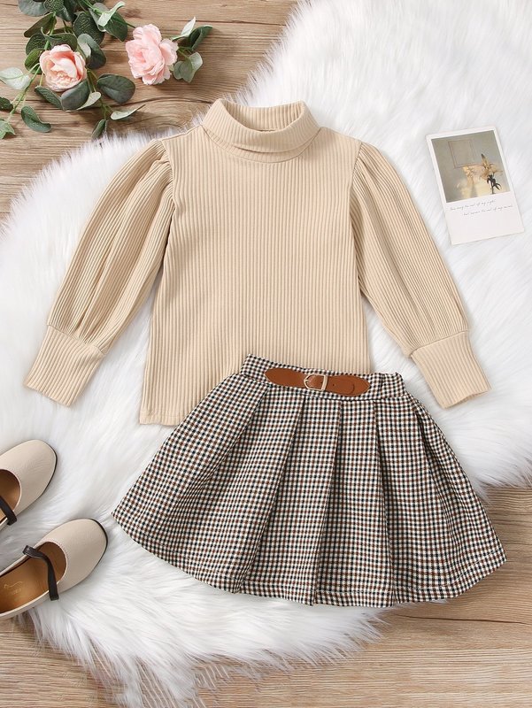 Toddler Girls Turtleneck Lantern Sleeve Sweatshirt & Plaid Print Buckle Skirt SHE