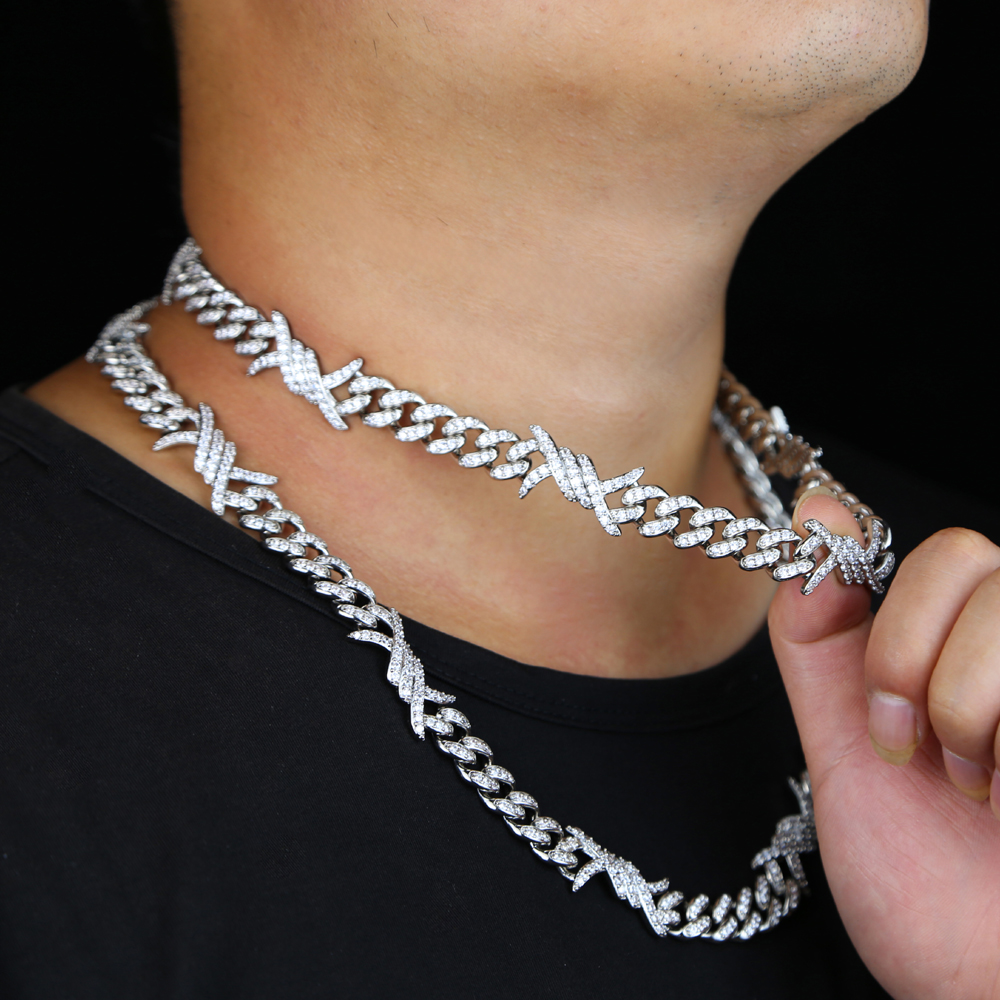 Barbed wire cuban link chain necklace for men micro pave 5A cz iced out bling hip hop men boy jewelry