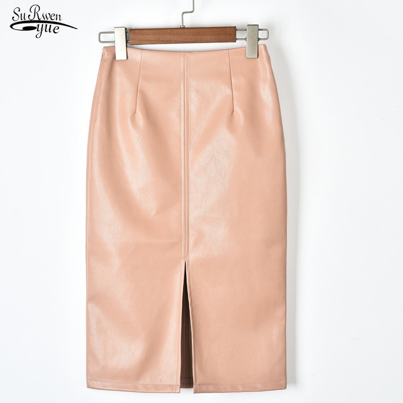 Winter Korean PU Leather Skirts Women High Waist Straight Midi Sexy Skirt Plus Size Solid Split 10091 220317