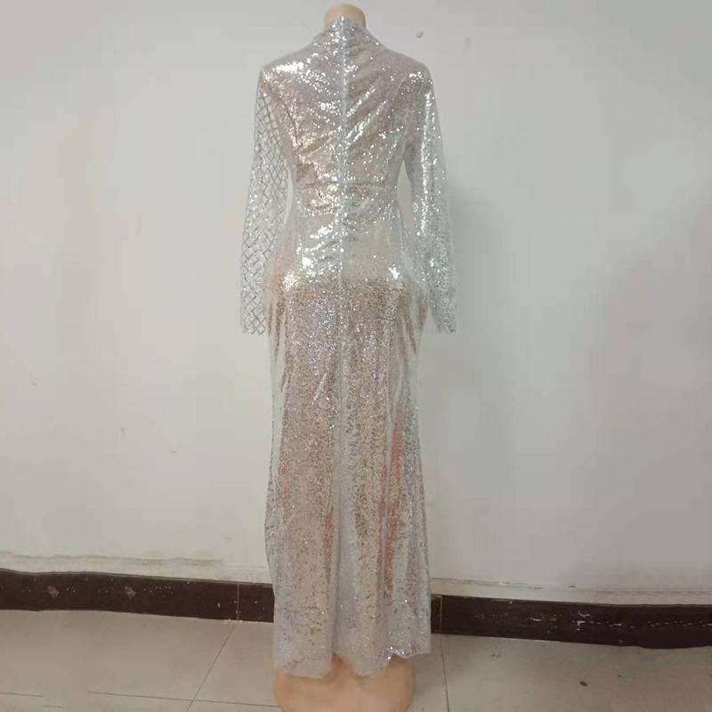 Sier Sequin Mesh Off Shoulder Long Casual Party Dress, Polyester, Slim Fit, Winter, A-E, Ankle Length, 3Xl B4