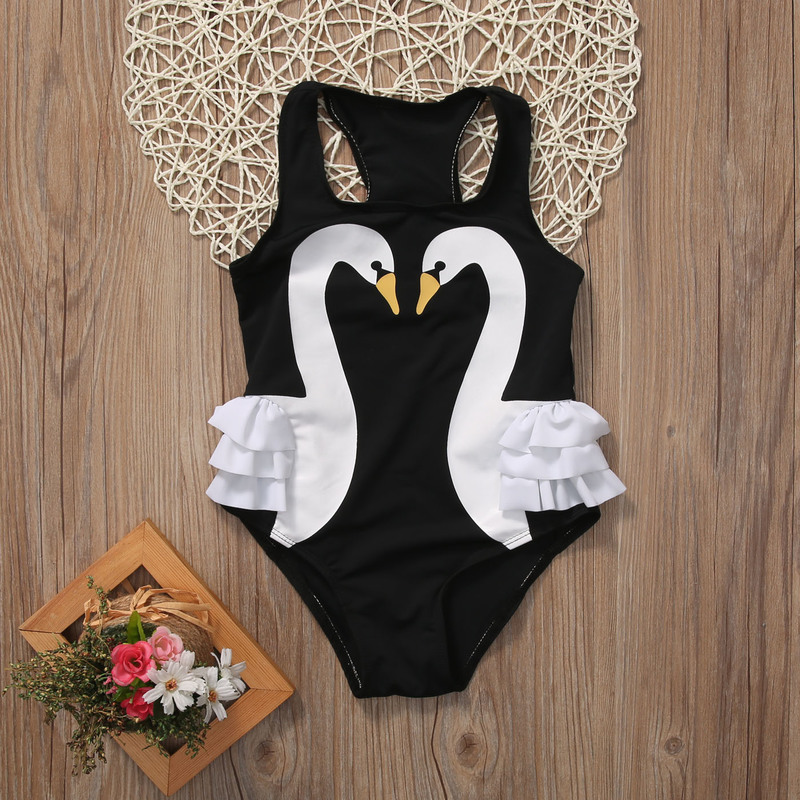 2 7Y Kids Girls Swimwear Baby Bikini Summer Swan Print Ruffle Swimsuits Children Bathing Suits Beachwear 220530