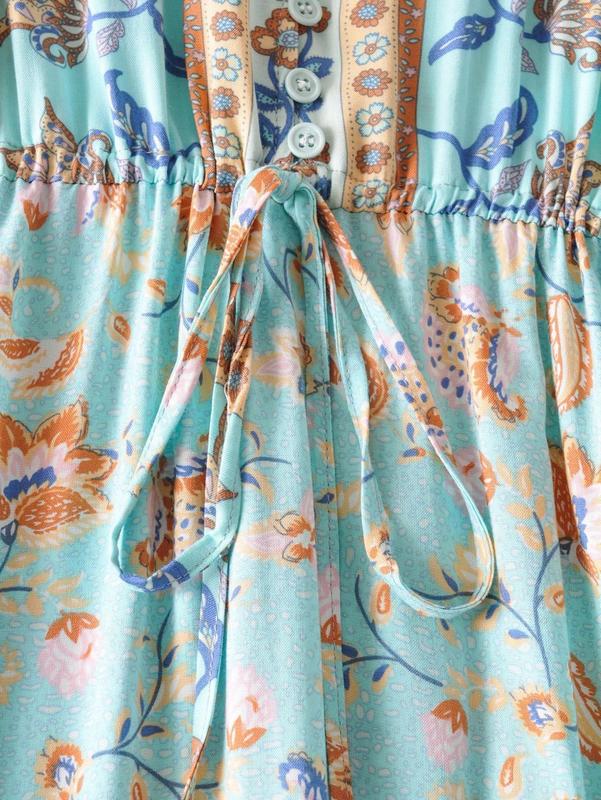 Bohemia Buttons V neck Mint Green Floral Print BOHO Long Sleeve Dress Woman Bow Strappy Lacing up Waist Holiday Dresses 220511