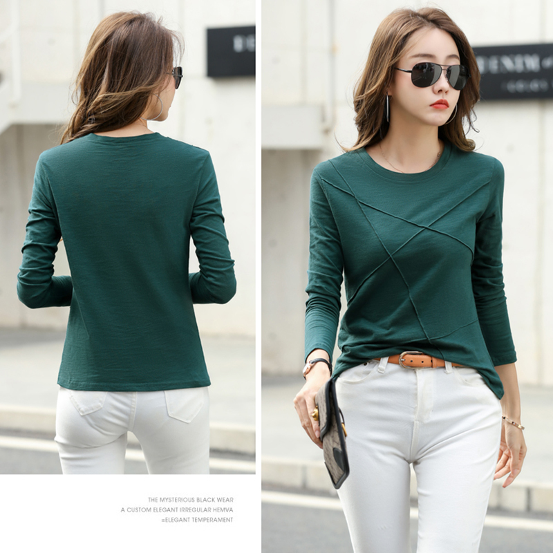 Ribbed Spring Fashion Bamboo Cotton T-Shirt Autumn Women O-Neck Loose Simple Purple Shirt Long Sleeve Lady Green Top 17279 220328