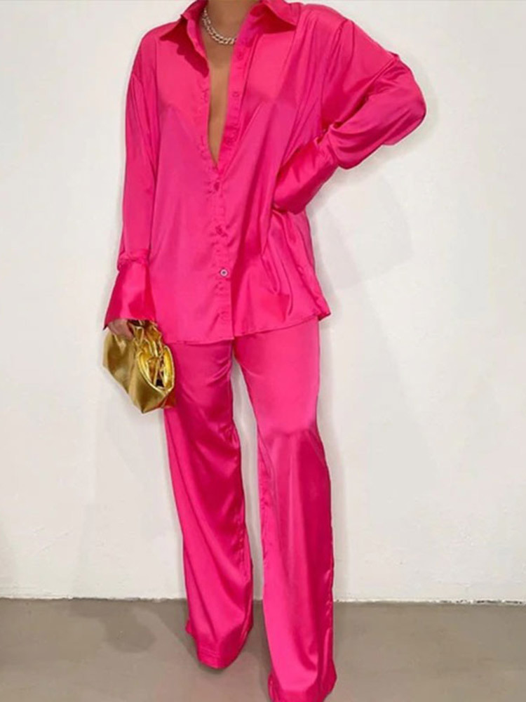 Womens Elegant Satin Trousers Female Long Sleeve Shirt And Wide Leg Straight Pants Sleepwear 2Piece Set Summer Outfits 220810