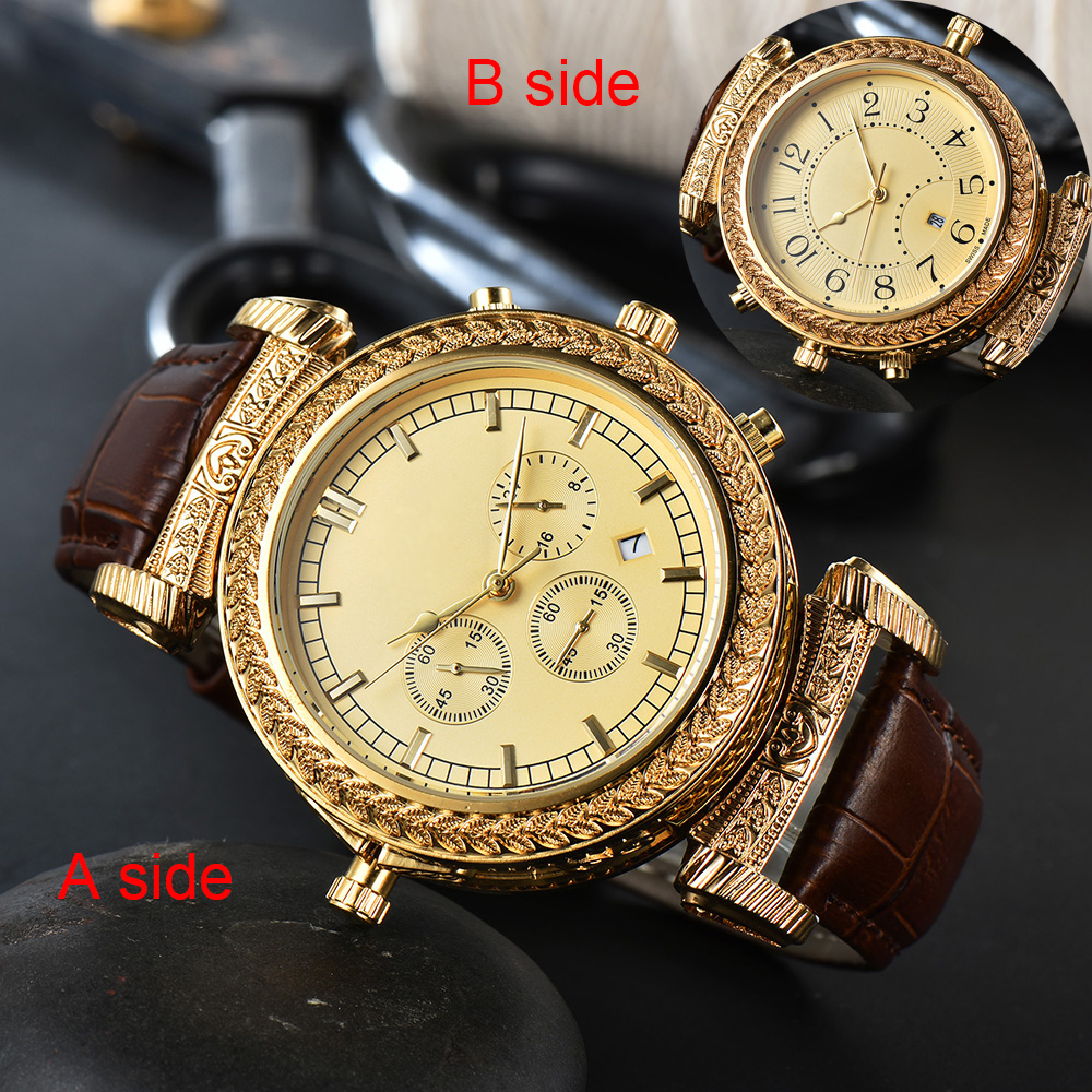 Luxury Mens Watch Retro Carved Antique Watches Quartz Movement All Dial Work Have Double Dial Luminous Wristwtach Design Waterproof Leather Strap Montre De Luxe