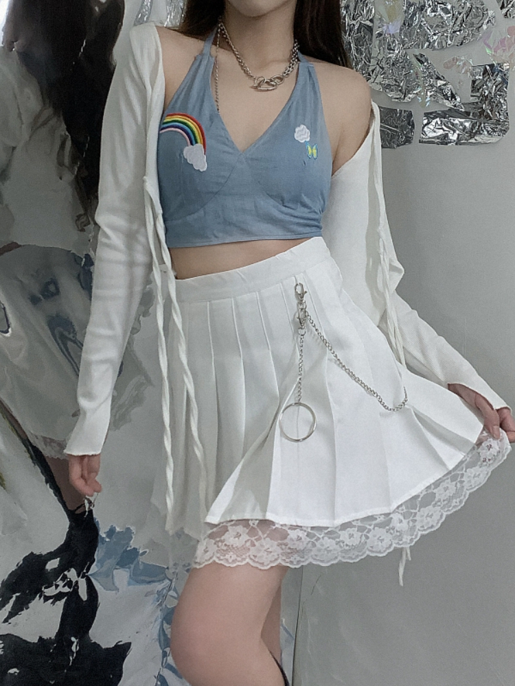 Harajpoo Women Skirts Chain Lace Stitch Y2k Summer Korean Ins Street Black High Waist Student A Line Short Pleated Skirt 220701