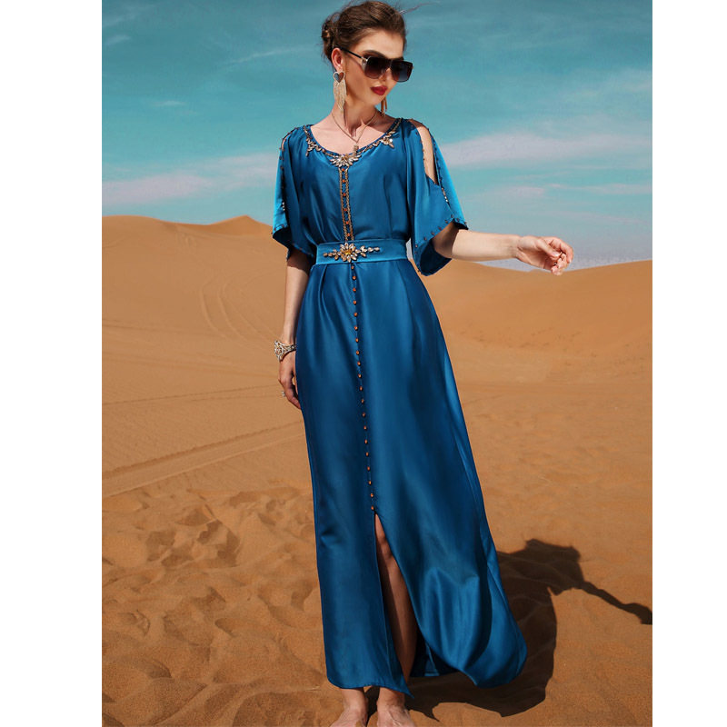 Sexy Green Teal Blue Arabci Evening Dress 2022 With Crystal Off The Shoulder Short Sleeve Kaftan Prom Dresses Abaya Morrocan Formal Dinner Party Wear 