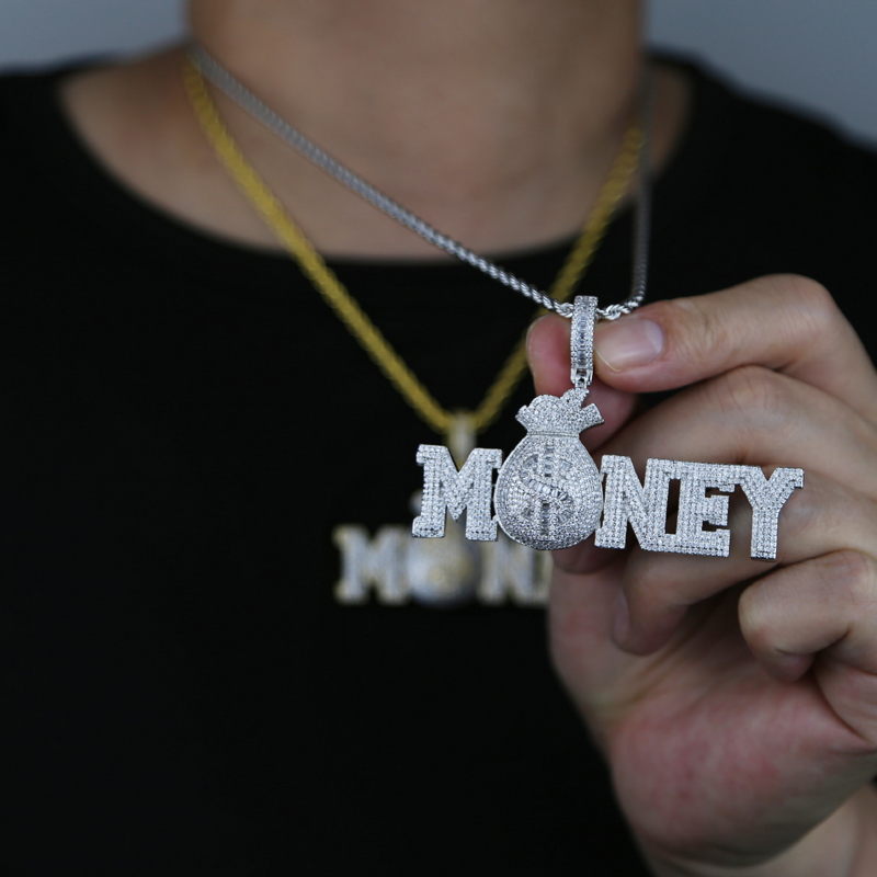 Gold Silver Color MONEY BAG Letter Pendant with Rope Chain Iced Out Cubic Zirconia Pendants Hip Hop Jewelry Gift for Women Men