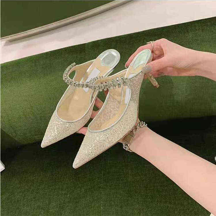 2022 j new pointed thin heel high-heeled shoes Sequin mesh Rhinestone flat slippers with wrapped head, Silver
2022 j new pointed thin heel high-heeled shoes Sequin mesh Rhinestone flat slippers with wrapped head, Silver