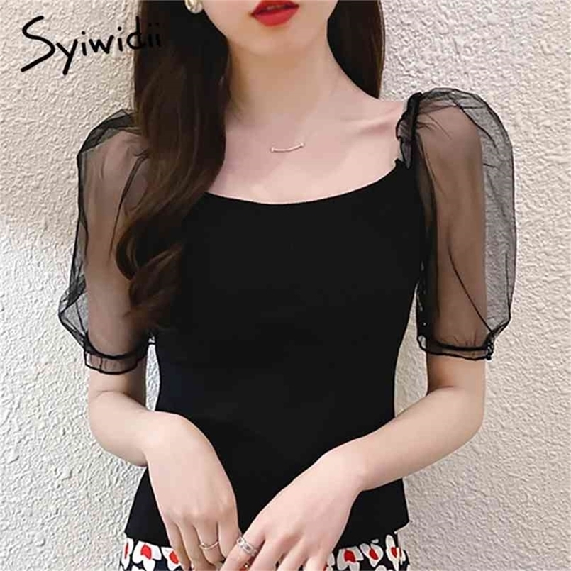 Knitted Blouses Women Puff Sleeve Short Top Slash Neck Casual Solid Black Clothes Summer Korean Shirts 210607, Beige
Knitted Blouses Women Puff Sleeve Short Top Slash Neck Casual Solid Black Clothes Summer Korean Shirts 210607, Beige