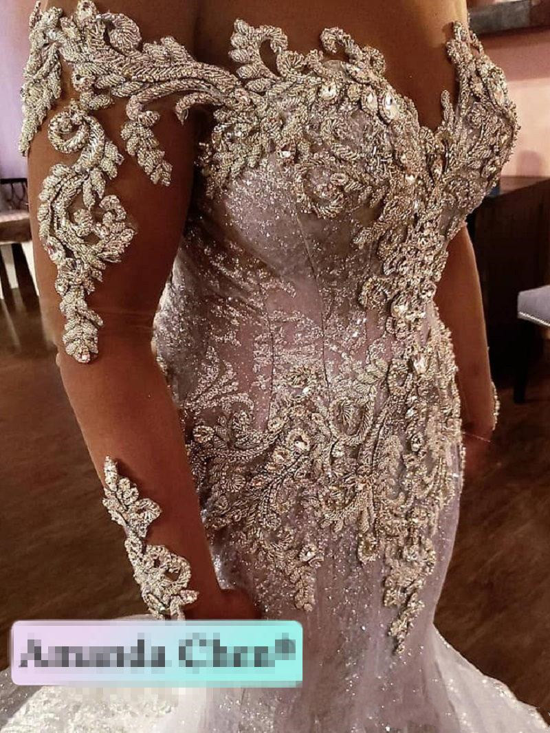 Plus Size Mermaid Wedding Dresses with Detachable Train Sparkly Crystal Illusion Long Sleeve Arabic African Aso Ebi Princess Bridal Gowns