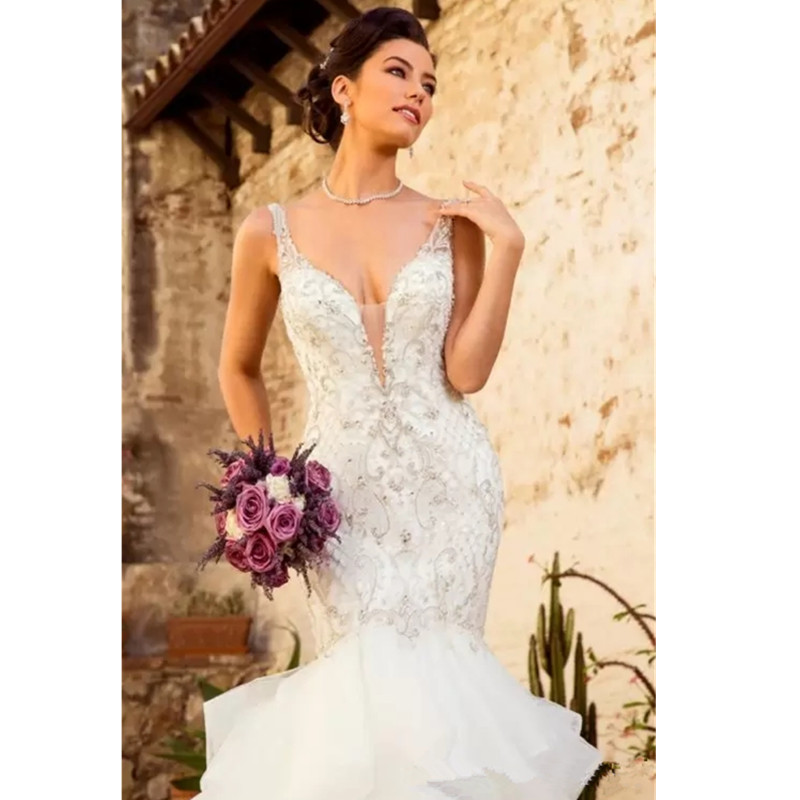 Mermaid Tiered Skirts Wedding Dress Lace Appliqued Beaded V Neck Bridal Gowns Vestido De Novia