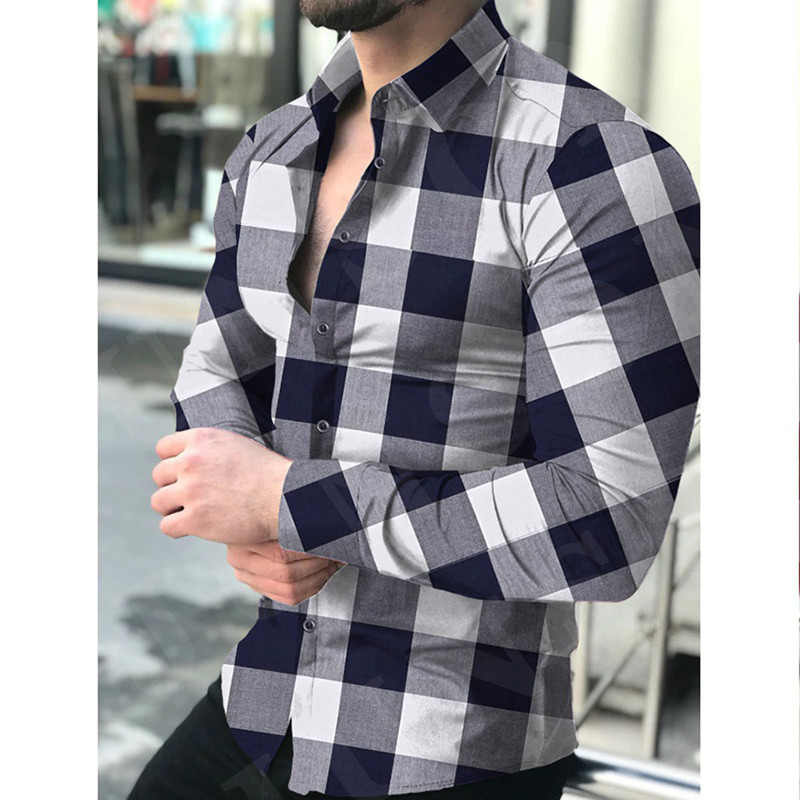 Mens Plaid Print Shirt Fashion Checkered Cross Matching s Causal Button Long Sleeve Slim Fit Tops Blouse 220322