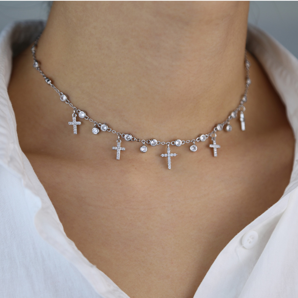Classic fashion women necklace jewelry 5A cubic zirconia cz station chain cross charm choker necklaces