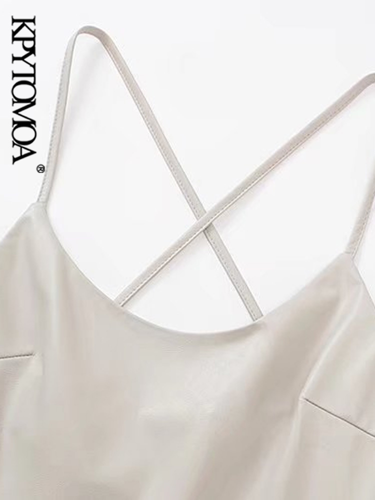 Women Fashion Front Slit Faux Leather Midi Camisole Dress Vintage Backless Zipper Thin Straps Female Dresses Mujer 220526