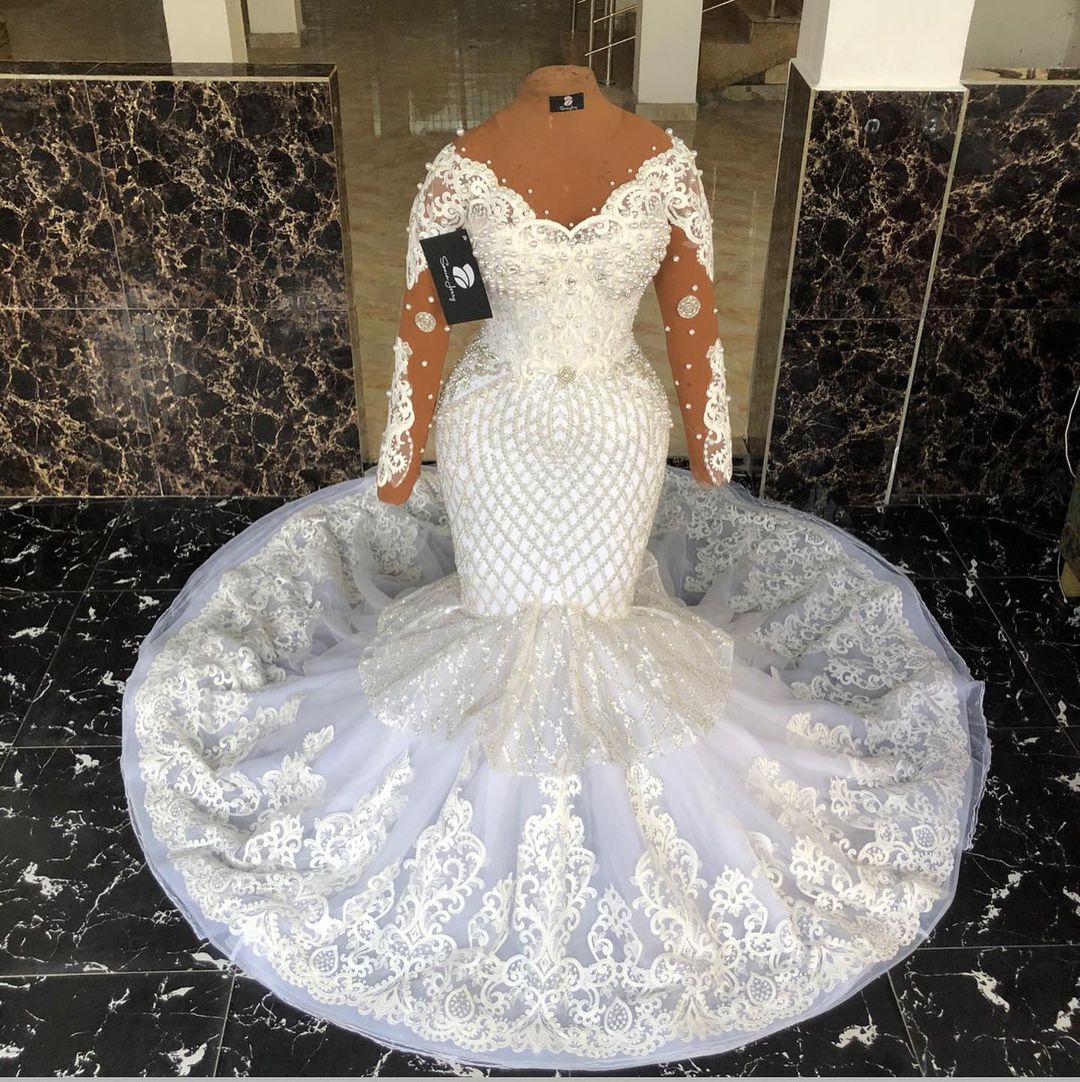 2022 Plus Size Arabic Aso Ebi Luxurious Mermaid Sparkly Wedding Dress Sheer Neck Lace Bridal Gowns Dresses ZJ998