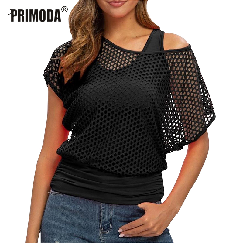 Short Sleeve Casual Neon Green Sexy Hollow Out Mesh Cover T Shirt and Tank Tops Women Fashion Grid Blusa PR1005G 220316