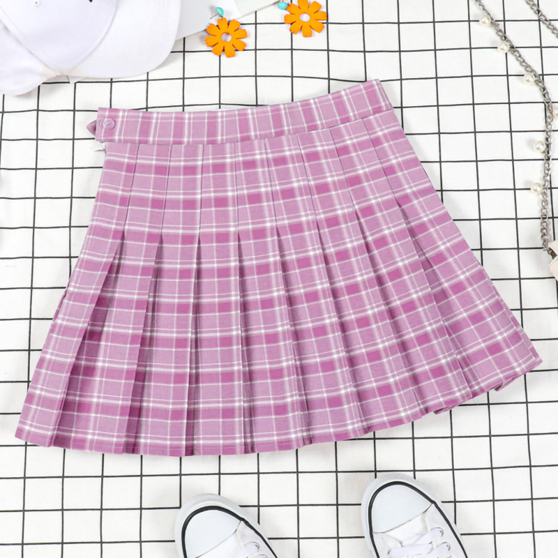 Summer Y2k Korean Fashion Plaid Pleated Women Skirt Purple High Waist Short Safety Lining School Uniform A-Line Girl Mini Skirts 220317