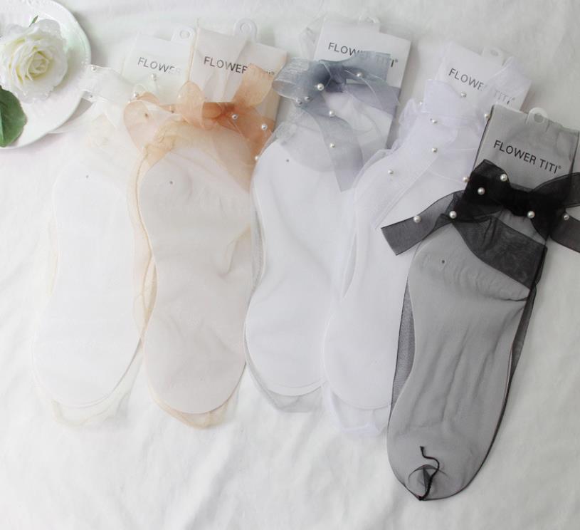 Womens Sheer Slouch Socks Girls Pearl Bow Ultra Thin Mesh Ankle Sock Lace Loose Transparent See Through Novelty Tulle Decorated Midle Socks