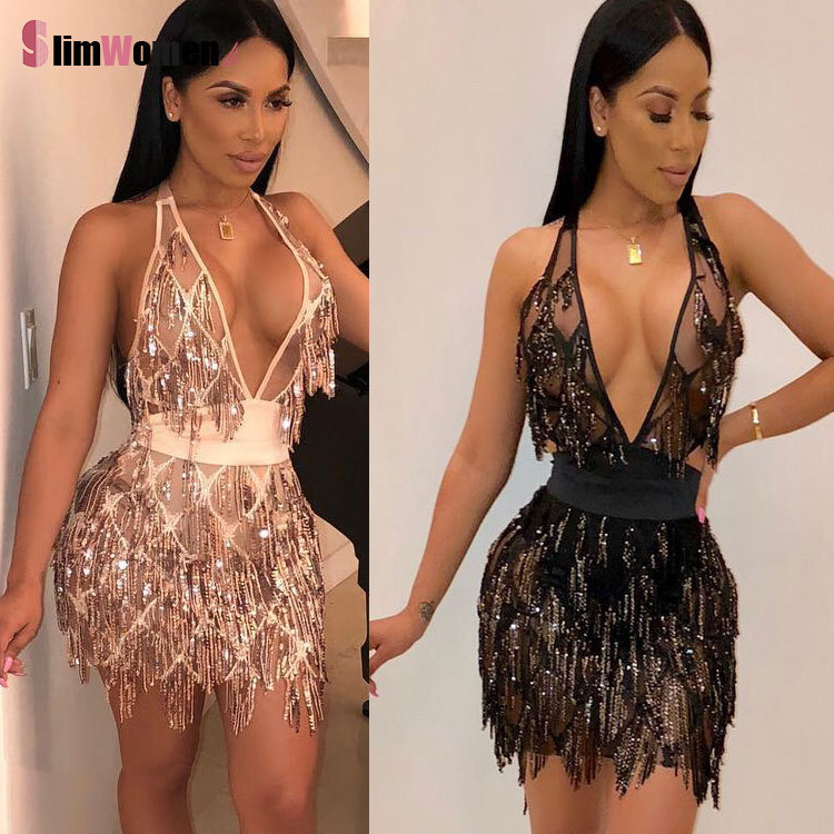 Nightclub Sparkle Backless Tassel Sequins Bodycon Dress Women Deep V Neck Robe Bandage Chirstmas Party Dresses Birthday Outfits 220510