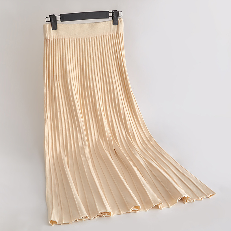 SETWIGG Women's Autumn Draped Rib Pleated Long Knitted Skirt Elegant Winter Wool Blend A-line Knit Elastic Waist 220317