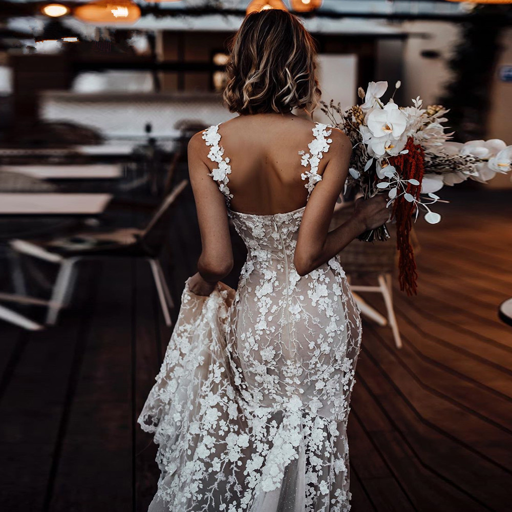 2022 Beach Mermaid Wedding Dresses Sexy Nude Lining Floral Lace Applique Country Bohemian Sweetheart Bridal Gown vestido novia berta