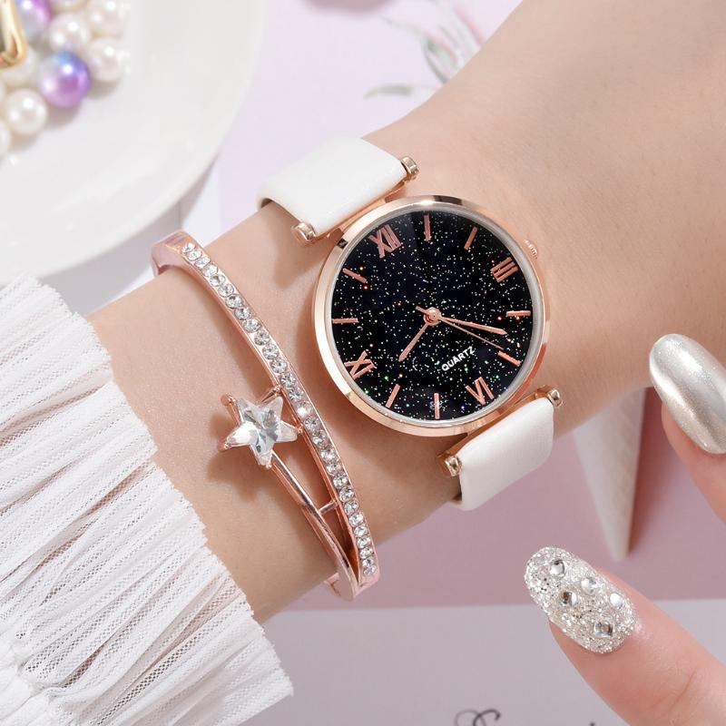 Wristwatches Fashion Women Watch Sky Dial Bracelet Watches Set Ladies Leather Band Quartz Wristwatch Female Gift Clock Relogio Mujer, Green