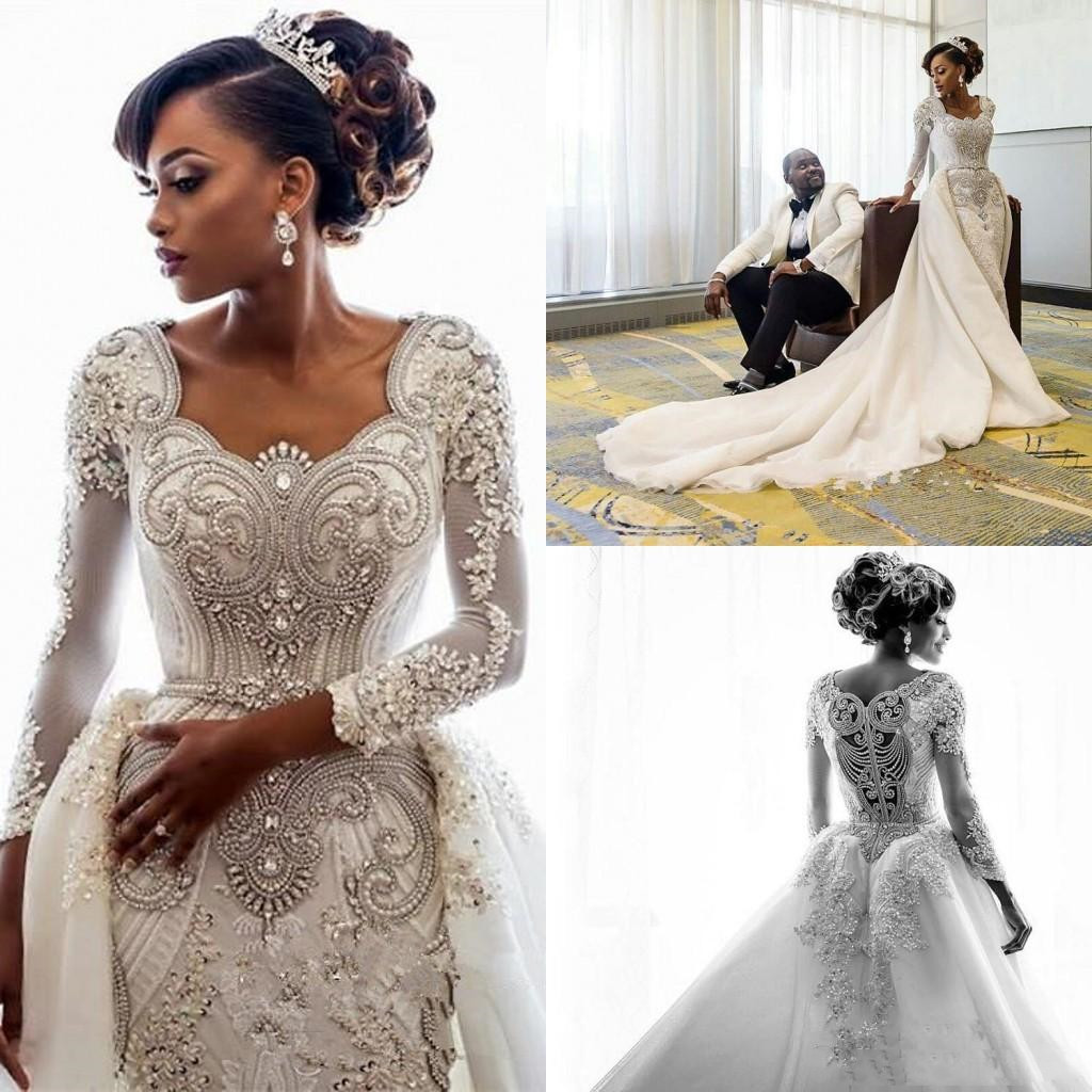 Arabic Aso Ebi Luxury Mermaid Wedding Dresses with Detachable Train 2022 Crystal Diamons Lace African Long Sleeve Bridal Gowns Plus Size