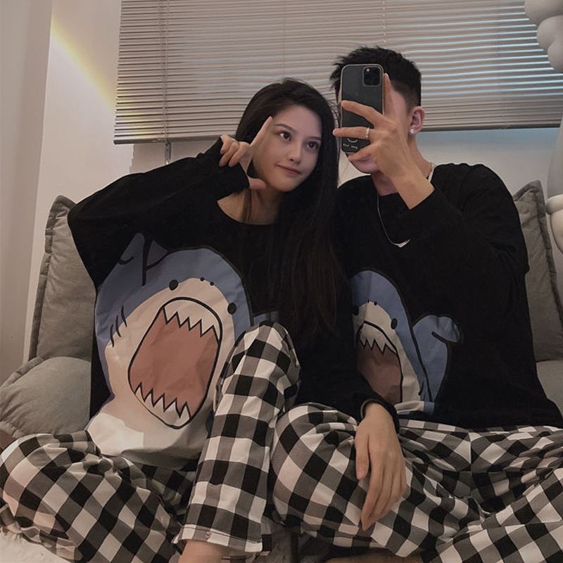 QWEEK Cute Shark Print Women's Pajamas Autumn Couple Plaid Sleepwear Black Pijama Kawaii Long Sleeve Pyjamas Loungewear Suit Pjs 220329
