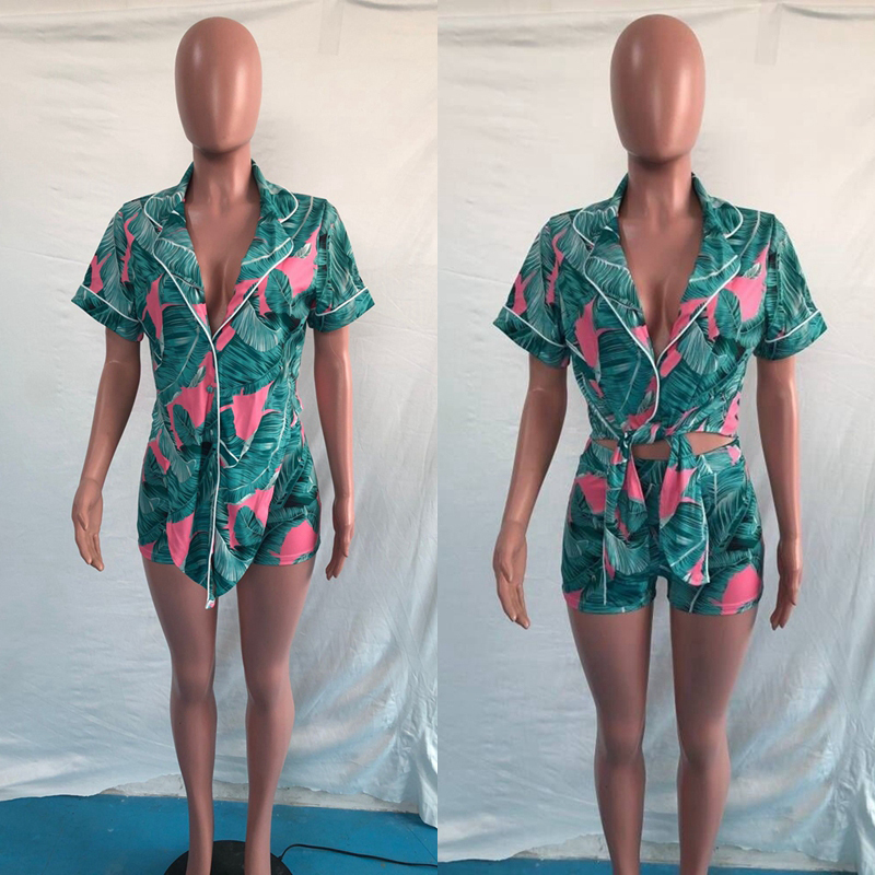 HAOYUAN Leaves Print Two Piece Set Women Short Sleeve Button Shirts Tops and Biker Shorts Sexy Vacation Outfits Matching Sets 220707