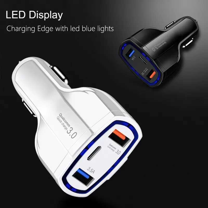 5% QC3.0 Fast Charging Cars Chargers With LED Halo Light Type-C PD Car Charger for Phone Black White BV2022W