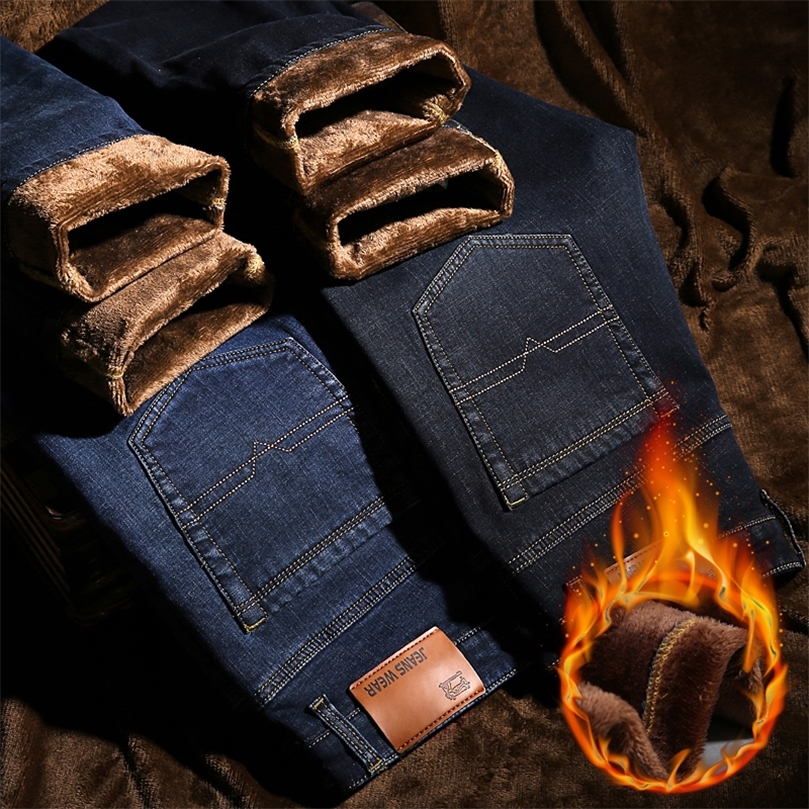 Classic Men's Winter Warm Jeans Business Fashion Thicken Fleece Slim Fit Stretch Pants Male Brand Trousers Black Blue 201128
Classic Men's Winter Warm Jeans Business Fashion Thicken Fleece Slim Fit Stretch Pants Male Brand Trousers Black Blue 201128