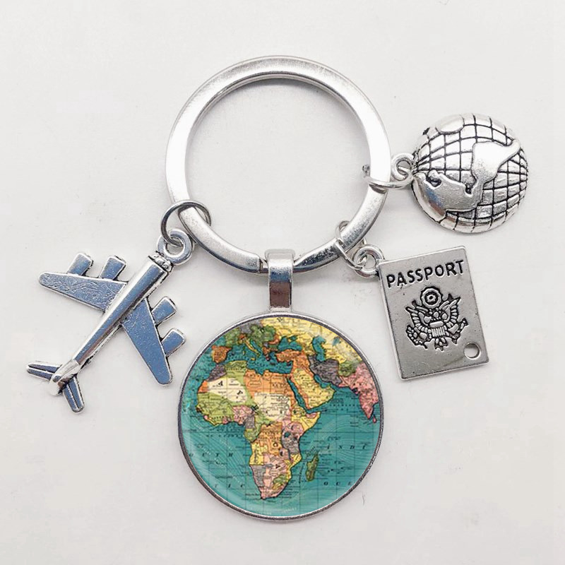 World Map Keychain Travel Exploring Glass Dome Cabachon Aircraft Charm Pendant Men s and Women s Gift Jewelry 220623