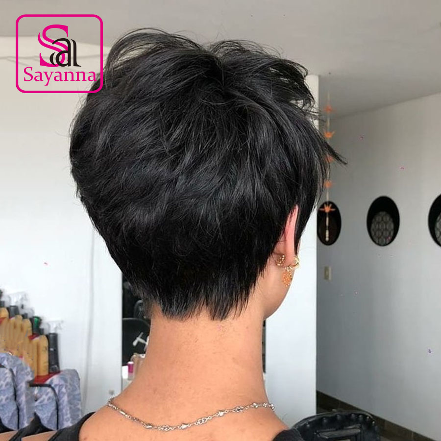 Short Bob Wavy Wig With Bangs Full Machine No Lace Wigs For Women Brazilian Straight Ombre Burgundy Human Hair Pixie Cut Wig