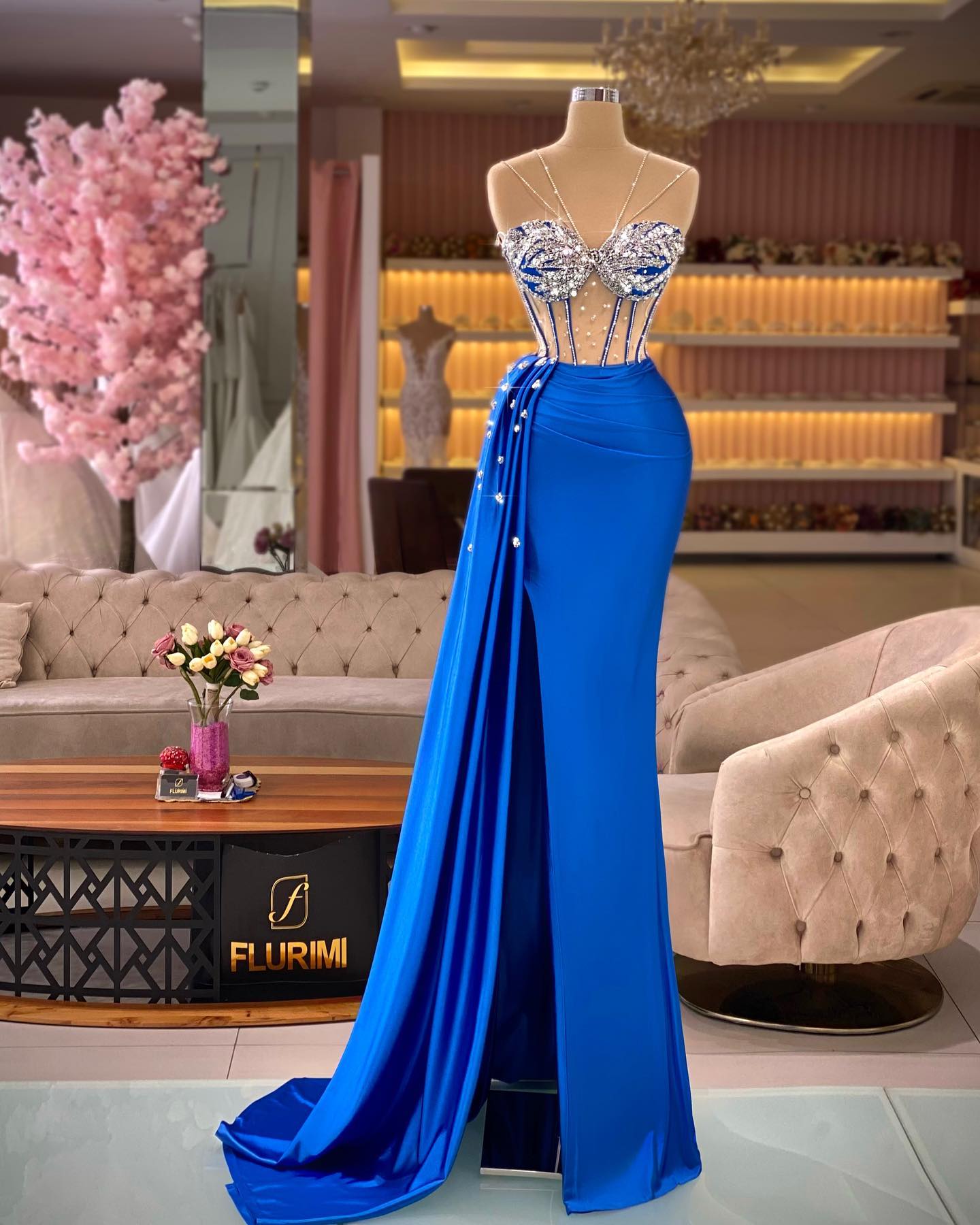 Royal Blue Mermaid Prom Dresses Beaded Sequined Sexy Spaghetti Neck Evening Dress Side Split Black Girls Party Gowns