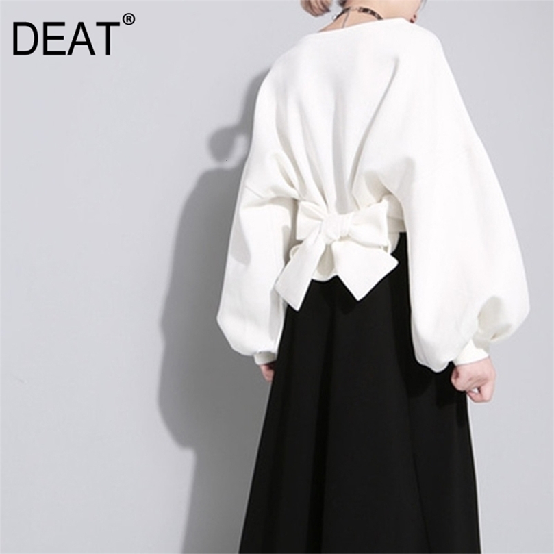 DEAT Autumn Winter Round Neck Long Sleeve Solid Color Black Back Bandage Bow Loose Sweatshirt Women Fashion JE14101 201126