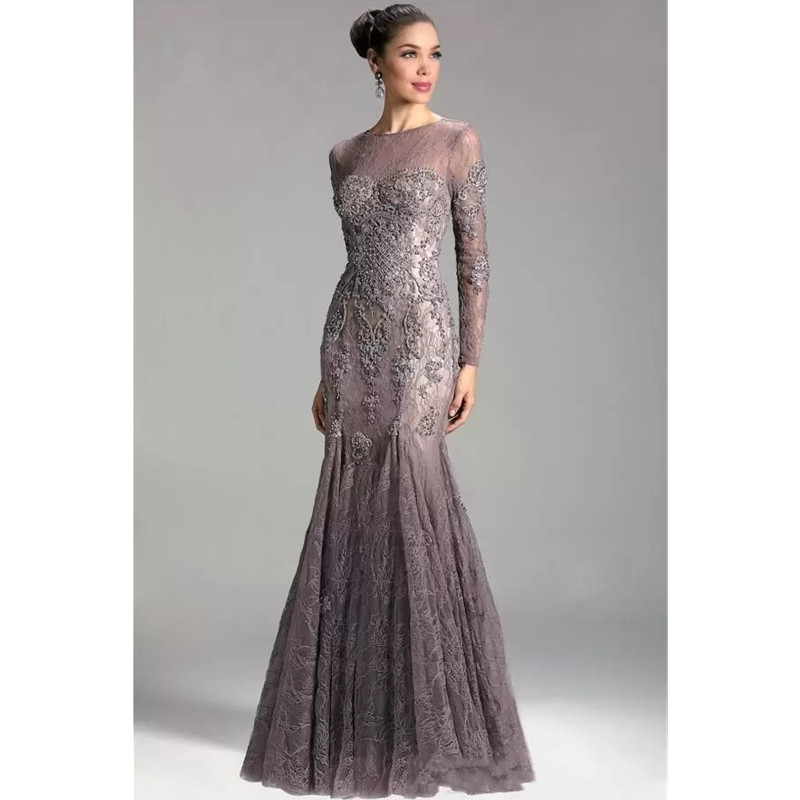 Long Sleeves Mermaid Mother Of The Bride Dresses Jewel Neck Lace Appliques Beaded Illusion Plus Size Evening Dress Wedding Guest Dress