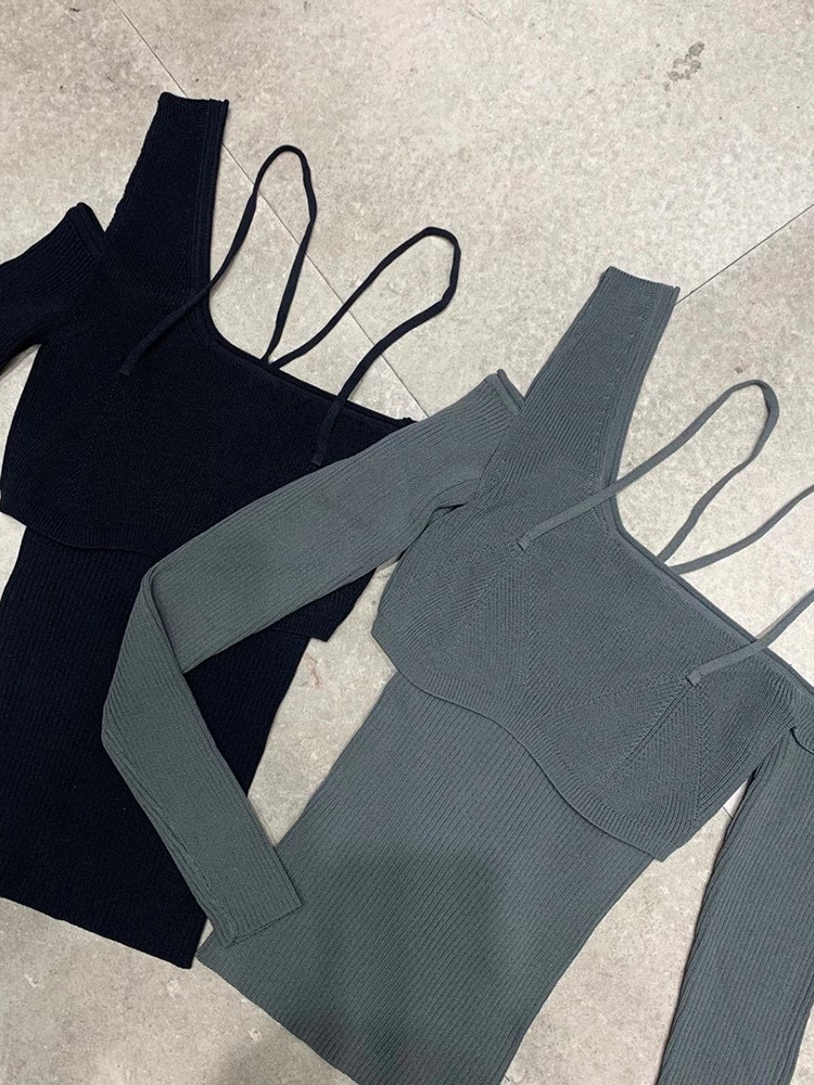 DEAT asymmetrical full sleeves square knitting elastic patchwork backlesss sexy top female fashion too WO13301M 220325