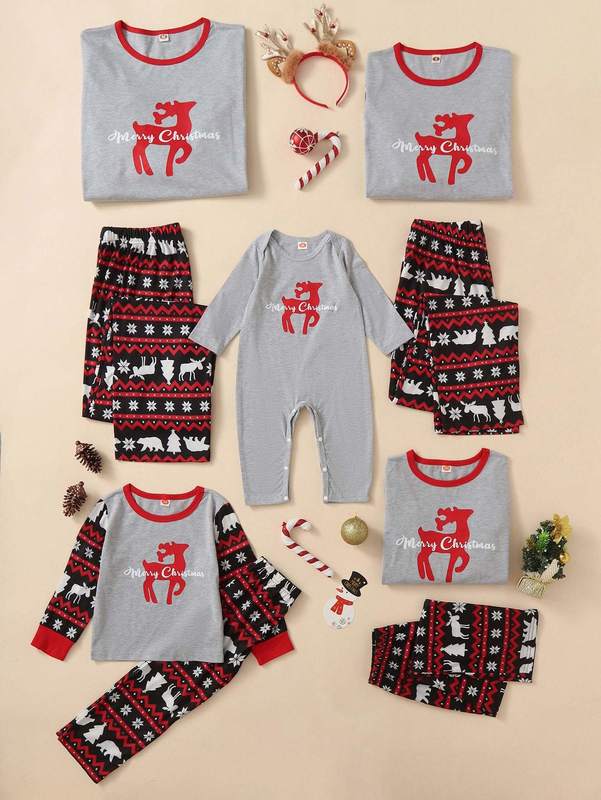 Toddler Boys 1pc Christmas Elk & Geo Print Sleep Top & 1pc Sleep Pants SHE