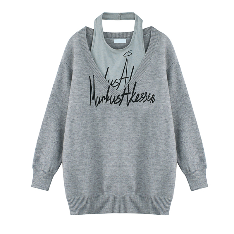 Winter Womens Clothing Two Piece Set Fashion Loose Retro V Neck Letter Print Sweater Long Sleeves Bottoming Vest Knitting Tops 220817