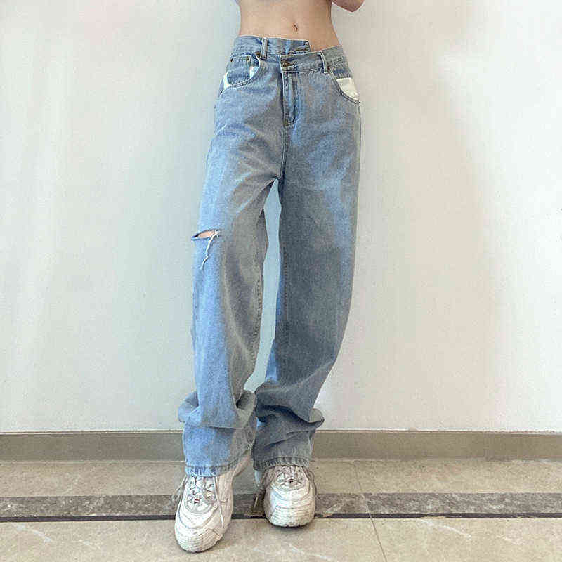 Dislocation oblique waist design hole stitching loose casual high waist jeans pants T220728, Beige
Dislocation oblique waist design hole stitching loose casual high waist jeans pants T220728, Beige