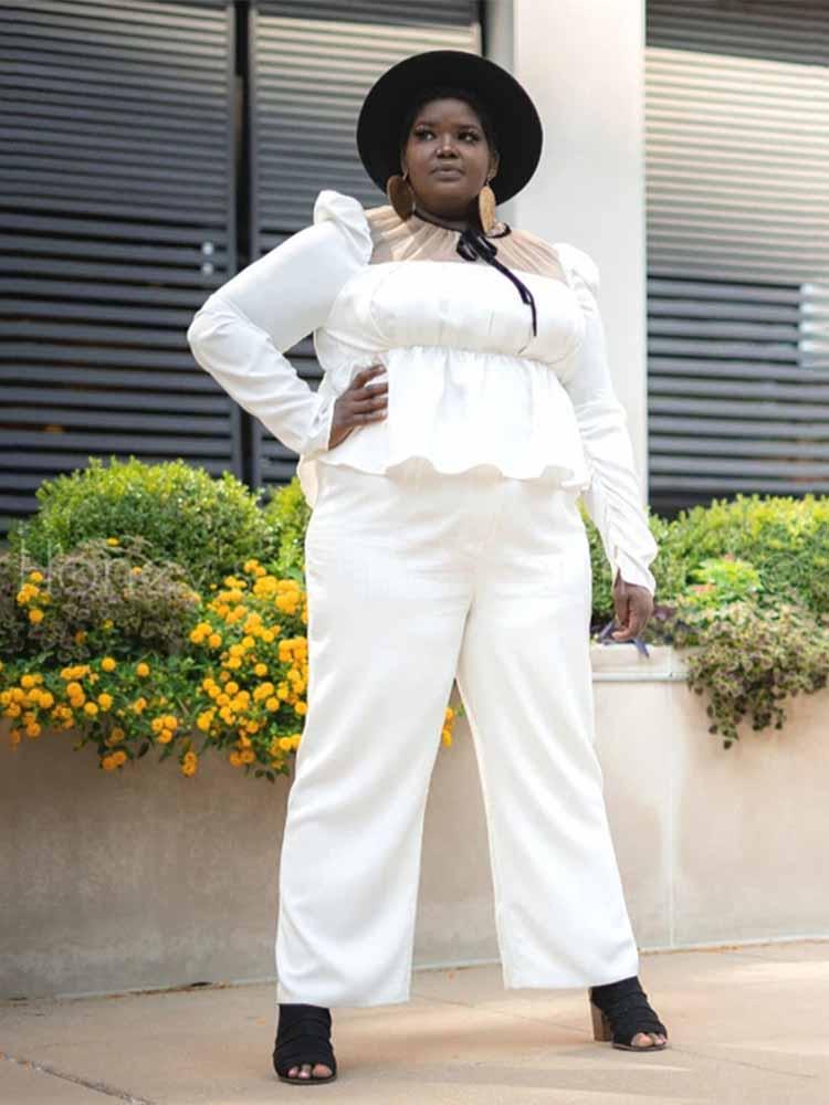 Women's Plus Size Tracksuits Blazer Set Women With Lacing Mesh Collar Long Sleeve White Top And Pant Outfit Two Piece Suit Wholesale DropWom
Women's Plus Size Tracksuits Blazer Set Women With Lacing Mesh Collar Long Sleeve White Top And Pant Outfit Two Piece Suit Wholesale DropWom