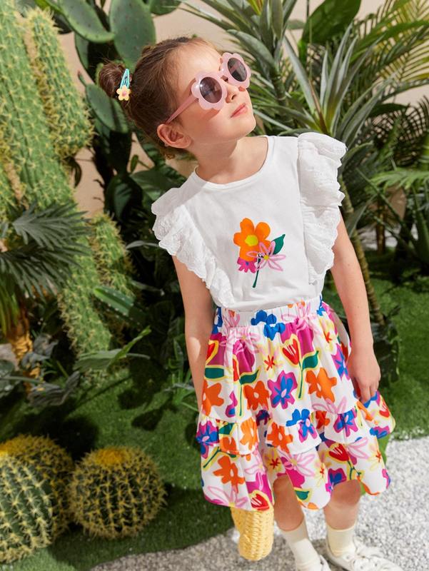 Girls Ruffle Trim Floral Print Top & Layered Skirt SHE