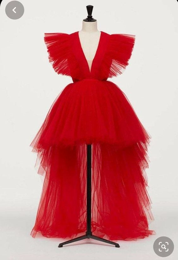 Chic Red High Low Tulle Prom Dresses Bate Sleeve Pleats Short Front Long Back A Line Special Occasion Party Dress Celebrity Evening Gowns 2022
