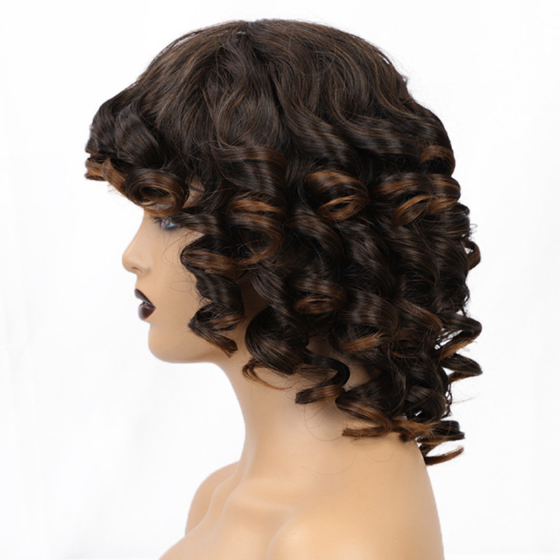 Beautiful High temperature Fiber Big Wave Short Afro Curly Wigs for Woman Black Ombre Brown Color
