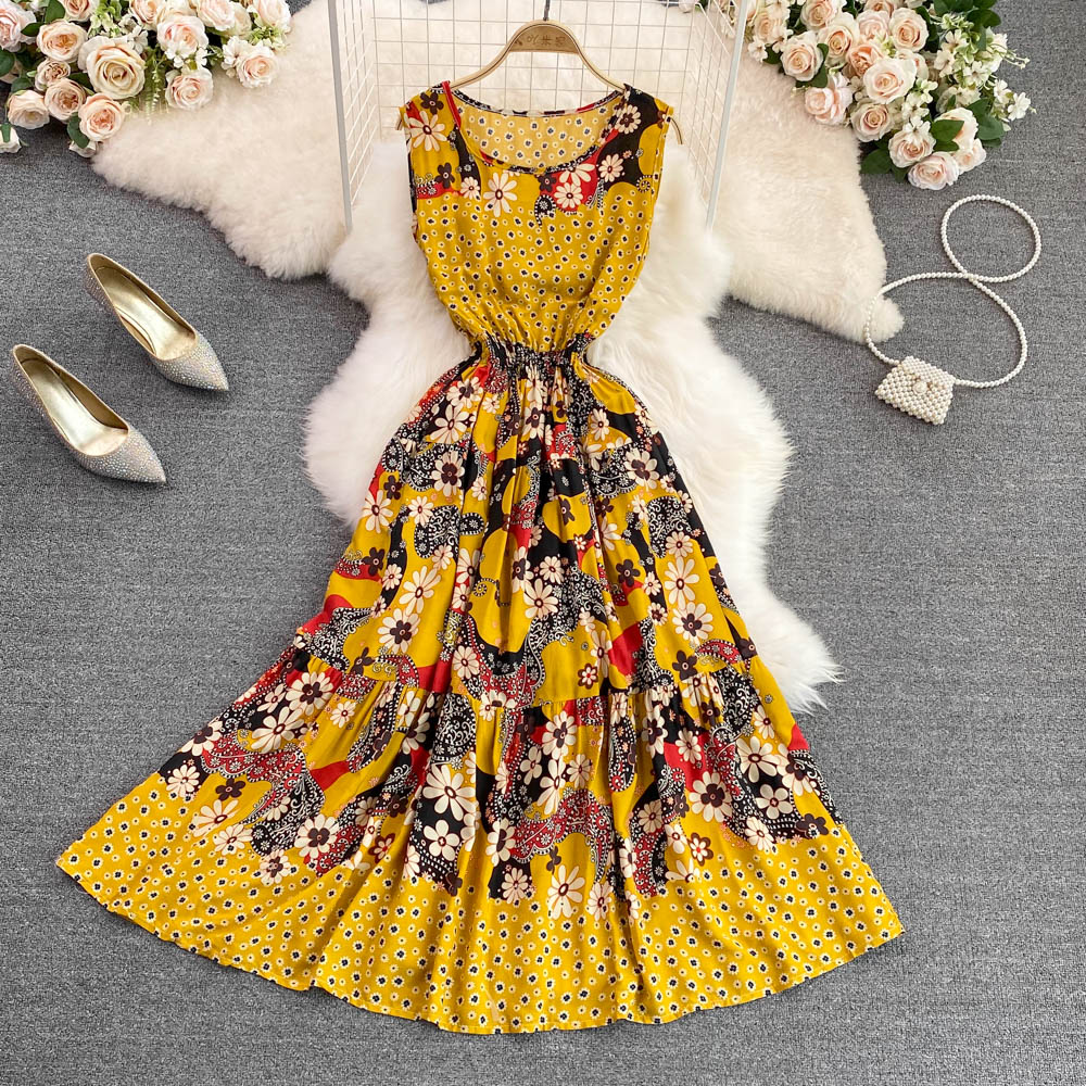 Summer new design womens beach holiday ethnic geometric floral print o-neck sleeveless cotton fabric elastic waist maxi long big expansion dress