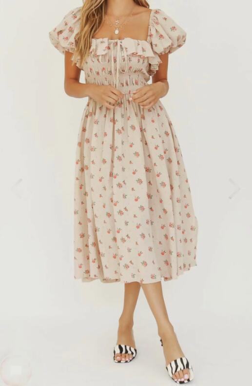 Women French Style Lacing up Ruffles Square Collar Floral Long Swing Dress Pink Backless Half Sleeve Dresses Vestido 220511