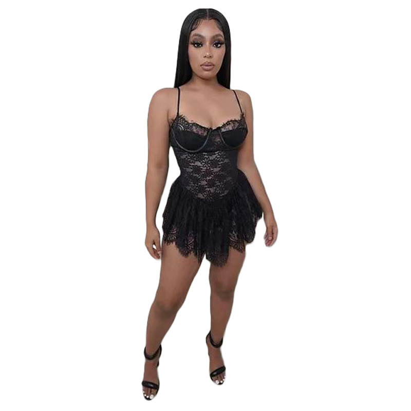 New Wholesale Sexy Spaghetti Strap Dresses Summer Women Lace Sheer Dress Bodycon See Through Mini Skirt Sexy Party Night Club Wear 7220