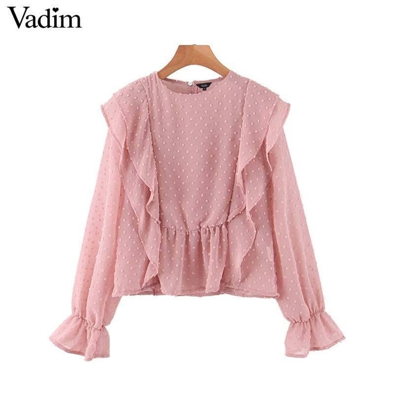 women sweet chic ruffles pink orange blouse O neck long sleeve office wear shirt female stylish tops blusas LB610 T200322